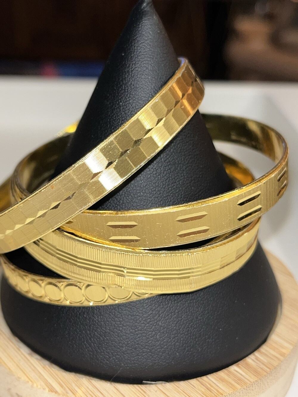 Set Vintage W. Germany Costume Gold Tone Wide Etched Bangle Bracelets 8" (B3-3)